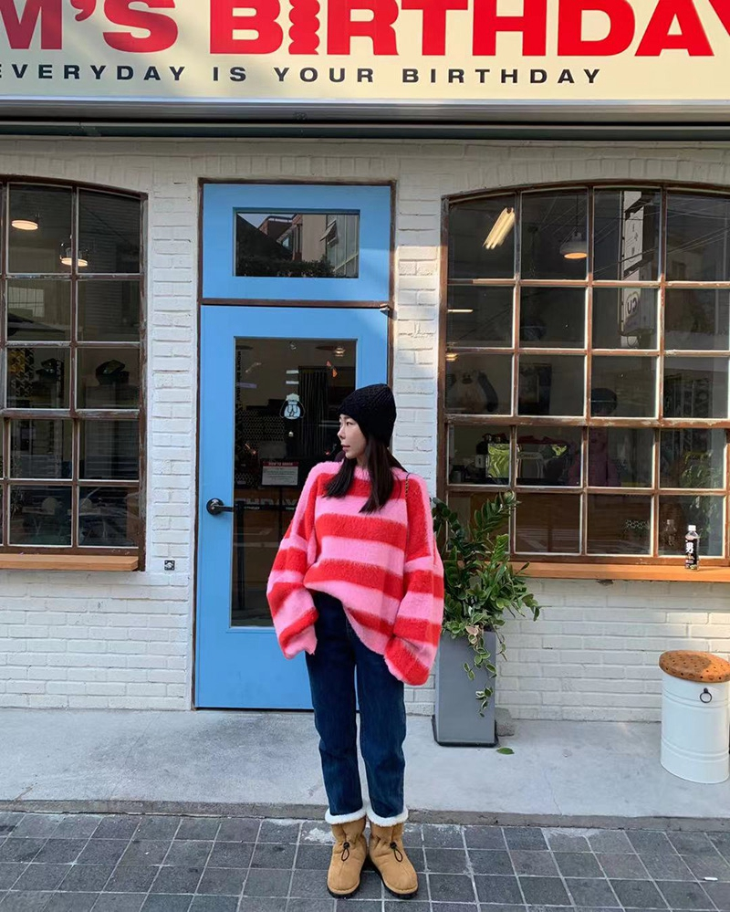 Puhvvarrukatega kootud kampsun naiste Korea triibuline vintage pullover Naiste topid Naiste rõivad Ümarkaelusega sügistalv_voghion.com