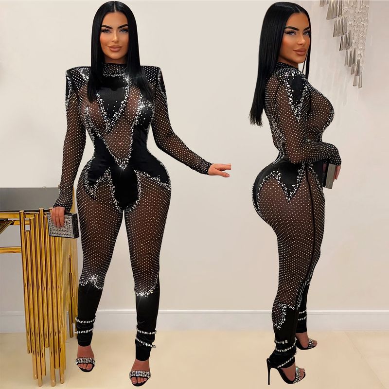 Roupas femininas moda feminina cor sólida malha imprensa broca calças de manga longa macacão_voghion.com
