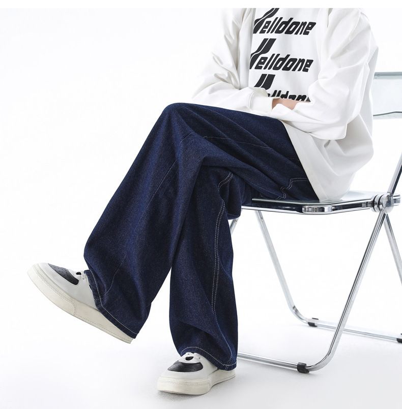 Deep Blue Washed Denim Jeans Herren im Frühjahr und Herbst 2024, neue einfarbige, vielseitige, weite, lässige Hose mit geradem Bein für_voghion.com