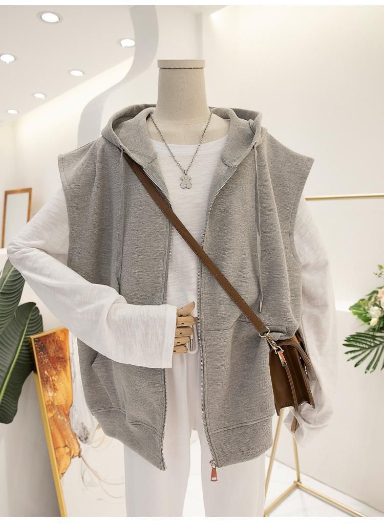 Vêtements pour femmes printemps et automne mince cardigan à capuche gilet veste conception féminine graisse MM 20 300 livres gilet ample sans manches haut_voghion.com