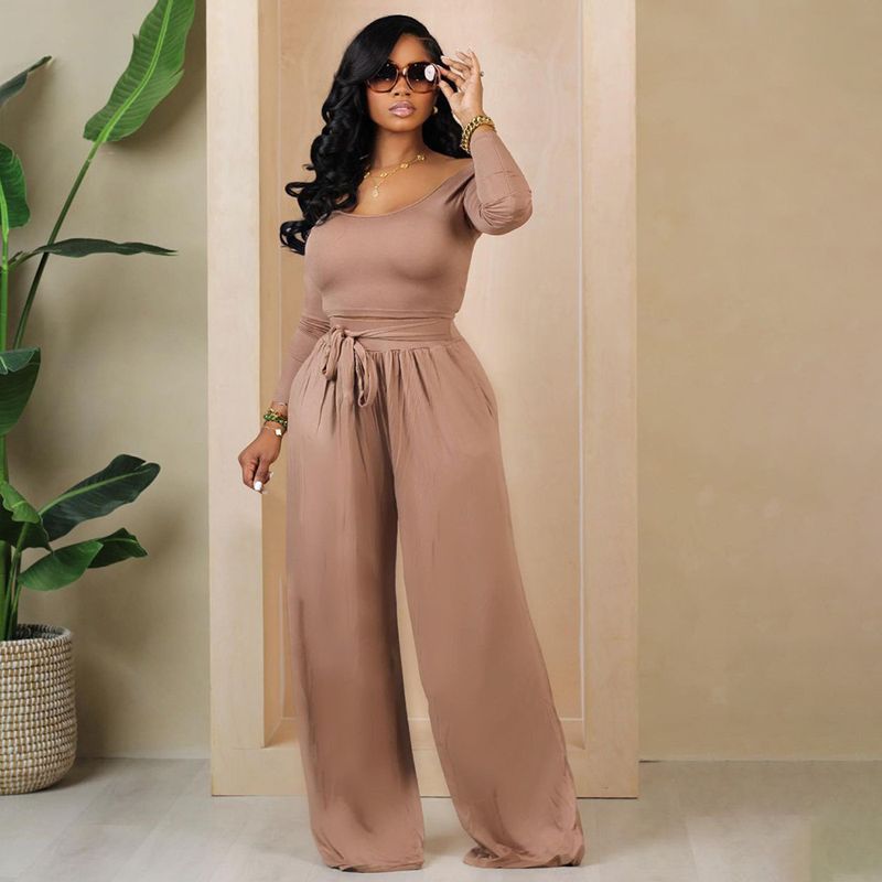 M3025 Women's Solid Color Lace-Up Wide-Leg Two-Piece Set_voghion.com
