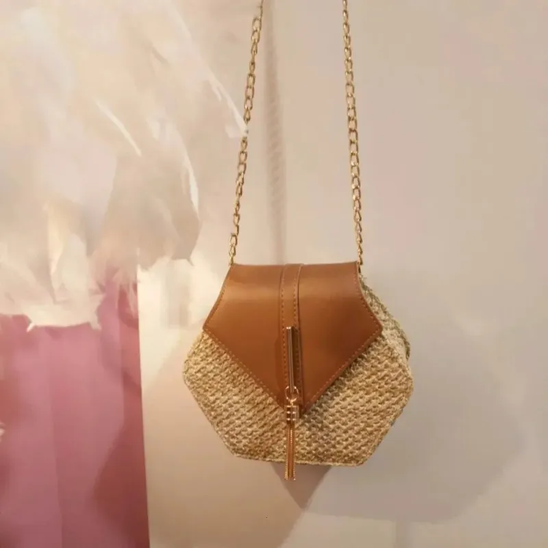 Borsa a mano esagonale in pelle di paglia multi stile da donna, borsa estiva in rattan intrecciata a mano, borsa da spiaggia in stile bohémien, 250314l_voghion.com