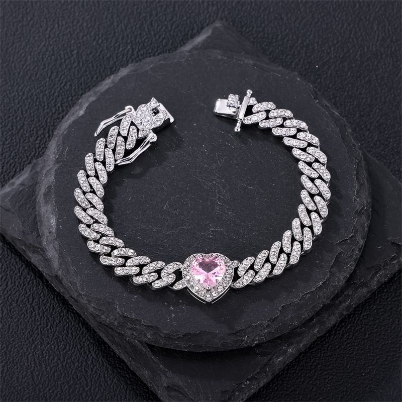 European American Cross-Border Single Row White Diamond Cuban Chain Pink Green Zircon Bracelet For Men And Women_voghion.com