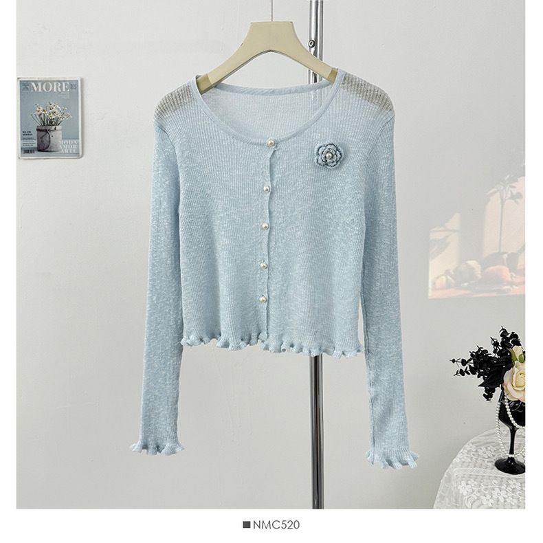 Damenbekleidung Dünnes Rundhals-Spleißen Blumen-Kurzes Langarm-Strick-Sonnenschutzhemd Sommer-Neues Slim Fit-Kleines Cardigan-Oberteil_voghion.com