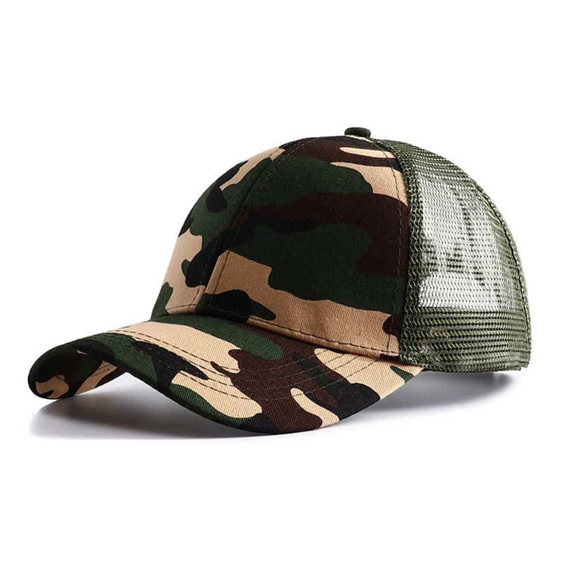 2023 neue Sommer Camouflage Mesh Trucker Hut Snapback Kappe Chapeau Femme Mode Unordentlich Haar Bun Pferdeschwanz Baseball Caps für_voghion.com