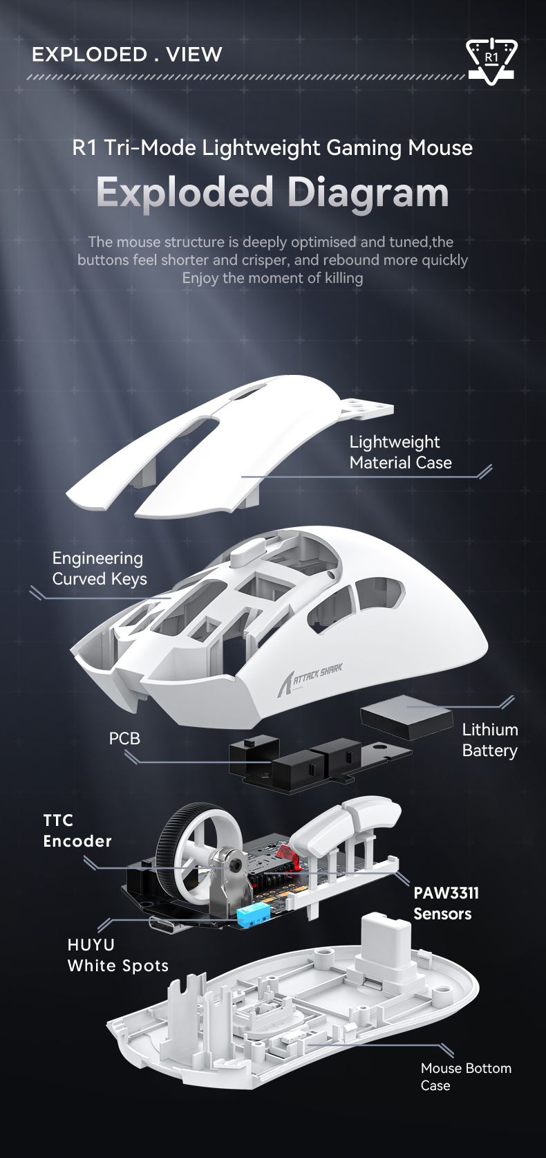 R1 Superlight Maus Bluetooth 2,4 G Kabellose Gaming-Maus PixArt PAW3311 Gaming-Sensor 6 Einstellbare DPI Für Bürospiele_voghion.com