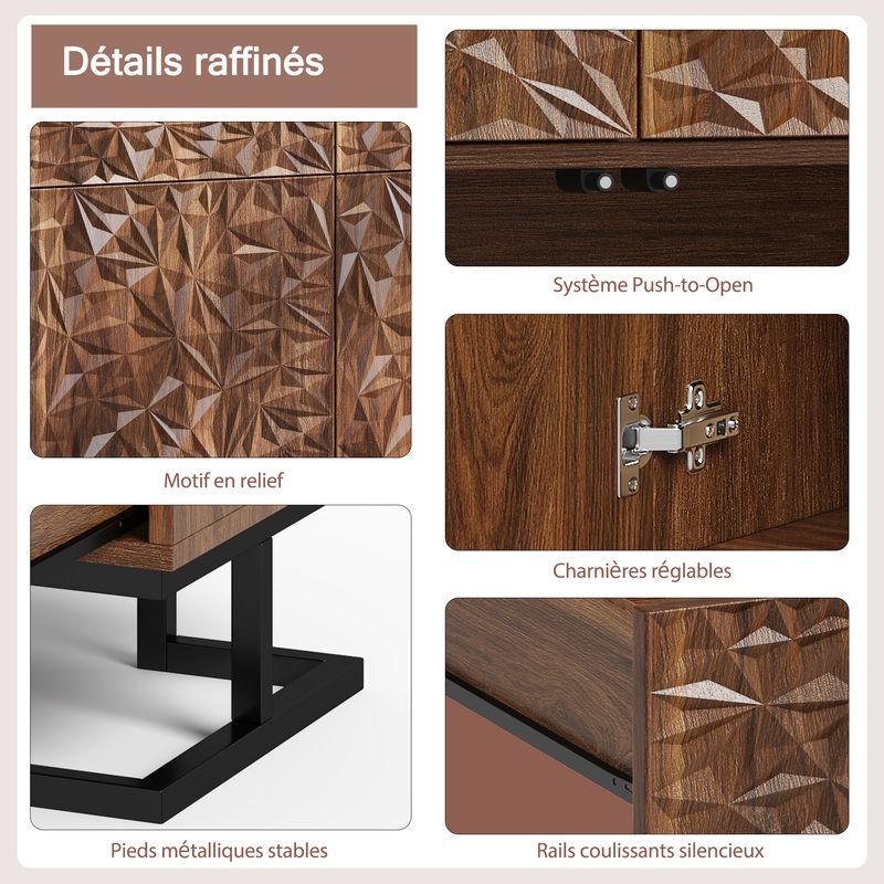 Credenza Kommode 80x78cm Walnussoptik Mit Blattrelief, 2 Schubladen & 2 Türen, Metallbeine_voghion.com