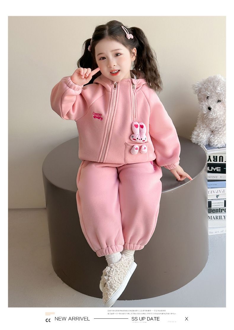 Mädchen-Freizeitset Herbst Neues Fleece Cartoon Hase Stilvolle Kapuze Verdicktes Winteroutfit_voghion.com