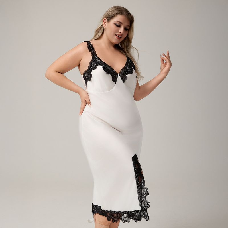 Large Size Satin Suspender Pajamas Women's Lace Sexy Split Pajamas Long Loungewear_voghion.com