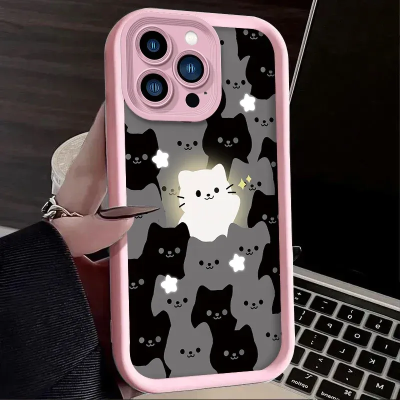 Custodia a forma di gatto con coppia carina per iPhone 15, 16, 14, 13, 12, 11 Pro Max X, XS, XS Max, XR, SE 2020, 7, 8 Plus, cover posteriore in silicone morbido per iPhone 16._voghion.com