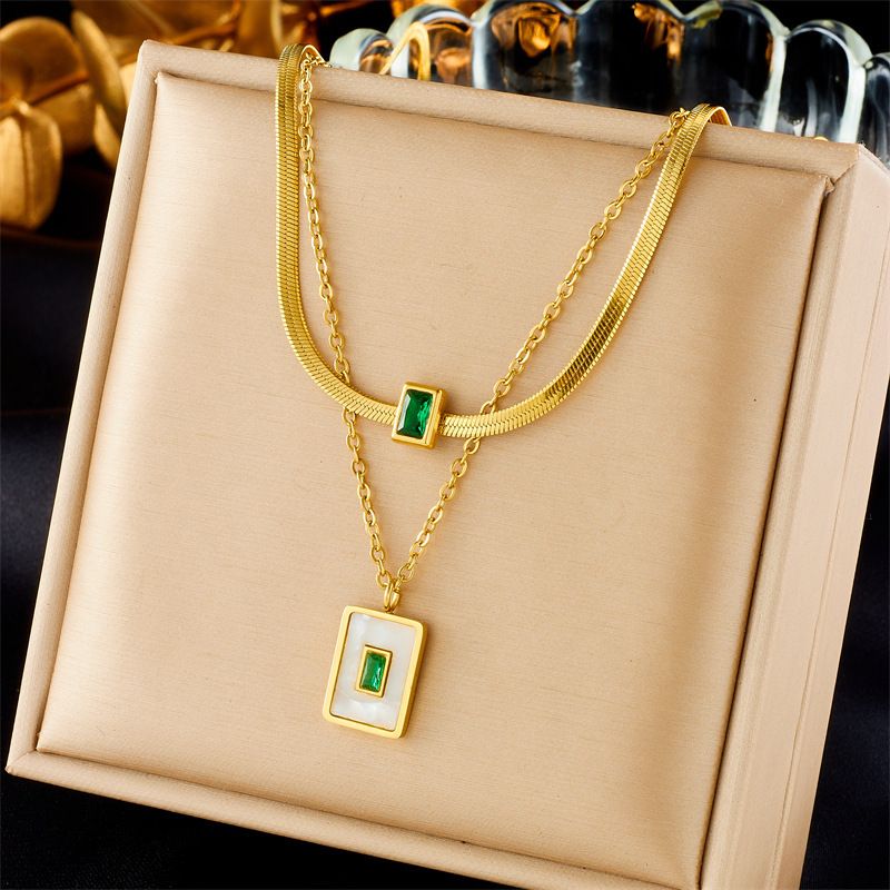 New square shell collarbone chain pendant, double-layer sweater chain, green zircon earrings, bracelet and necklace jewelry set._voghion.com