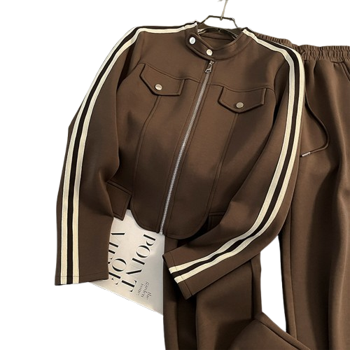 Damenbekleidung High-End-Mode Lässig Sport Temperament Gestreifte Jacke Sweatshirt Weite Beinhose Zweiteiliger Anzug_voghion.com