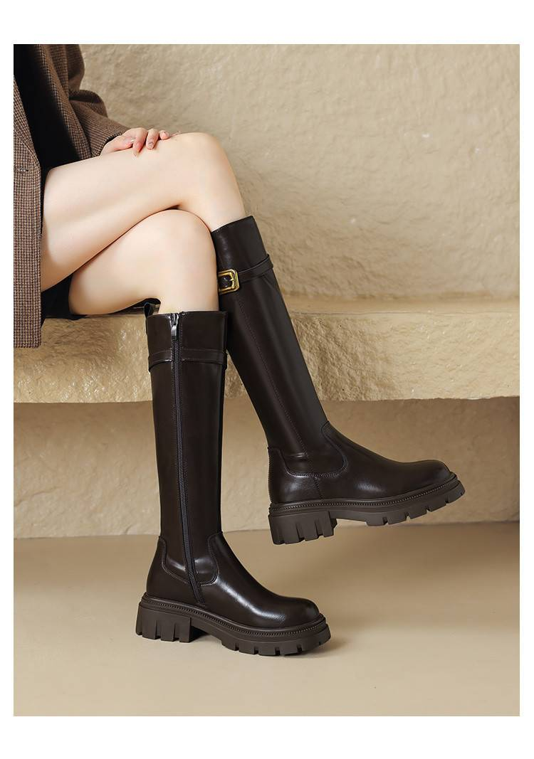 Cameido Women's high thick-soled long boots with fleece lining and belt buckles, knight boots that don't go over the knees._voghion.com