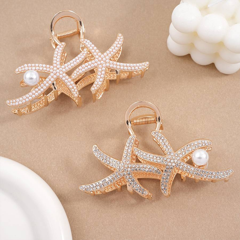 Fermaglio per capelli a forma di stella marina con perle artificiali, fermaglio per capelli a doppia stella con pietre preziose artificiali_voghion.com