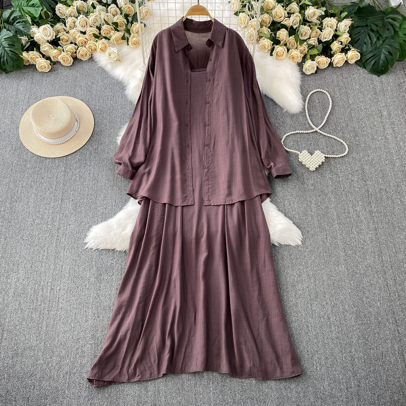 Abito casual da donna in due pezzi, stile casual, casual, per donna, ampio, camicia sottile a maniche lunghe + abito con bretelle coprenti e snellenti_voghion.com