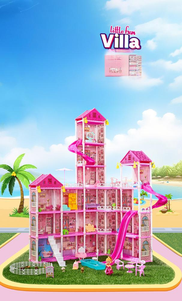 Mutter & Kinder Prinzessinnenschloss Spielhaus Spielzeug Mädchen DIY Puppenhaus Pool Balkon, Mehrzimmer Villa Spielset, Rollenspiel Geschenk für Kinder (2 Etagen, 4 Zimmer)_voghion.com