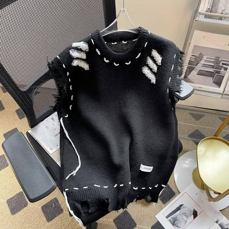 Gothic Distressed Sleeveless Knit Vest – Oversized Unisex Layering Piece For Grunge Rabbit Wool Blend V-Neck Open-Front Drape_voghion.com