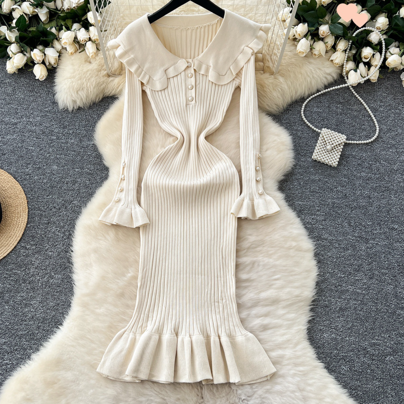 Robe rétro à col Claudine et blocs de couleurs – Robe trapèze taille haute extensible avec ourlet à volants (taille unique, taille élastique, manches longues)_voghion.com