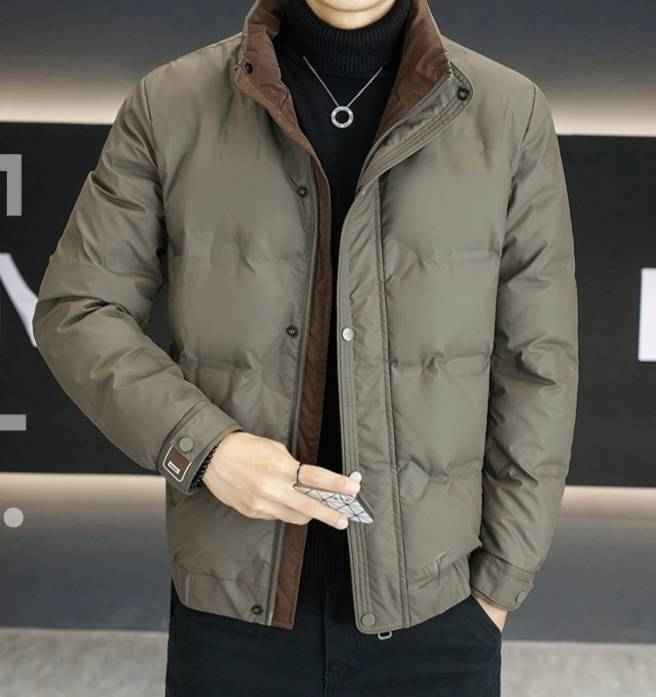 Herrenbekleidung Leichte Daunenjacke für Herren mit Stehkragen – Wasserdichter, winddichter Wintermantel für Business Casual (Schwarz, Khakigrün)_voghion.com