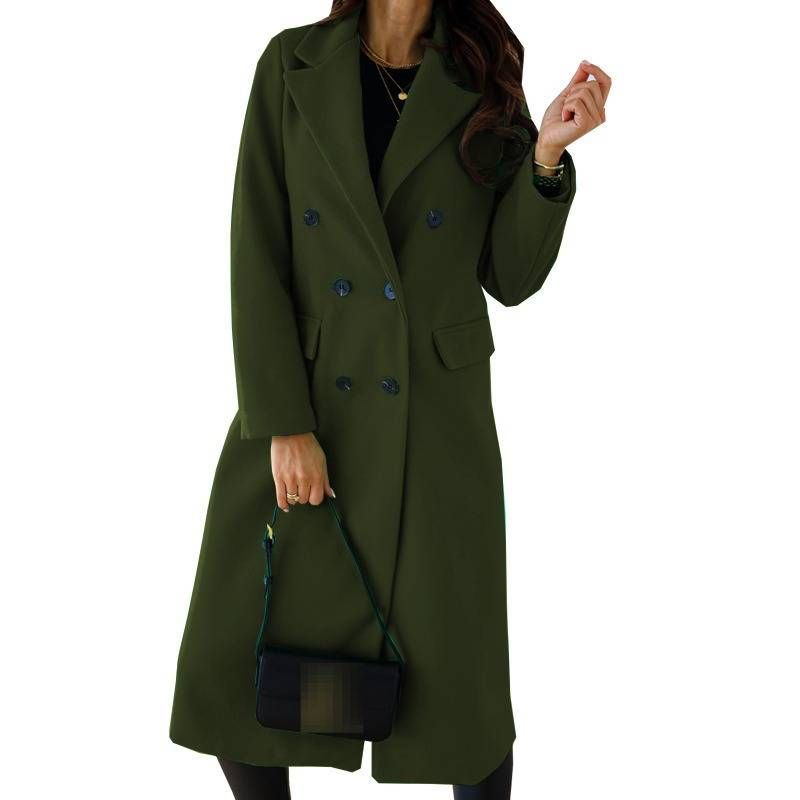 Cappotto lungo doppiopetto in lana - Classico trench britannico da donna con revers a lancia (S-3XL, cachi/marrone/nero/blu navy/blu reale)_voghion.com