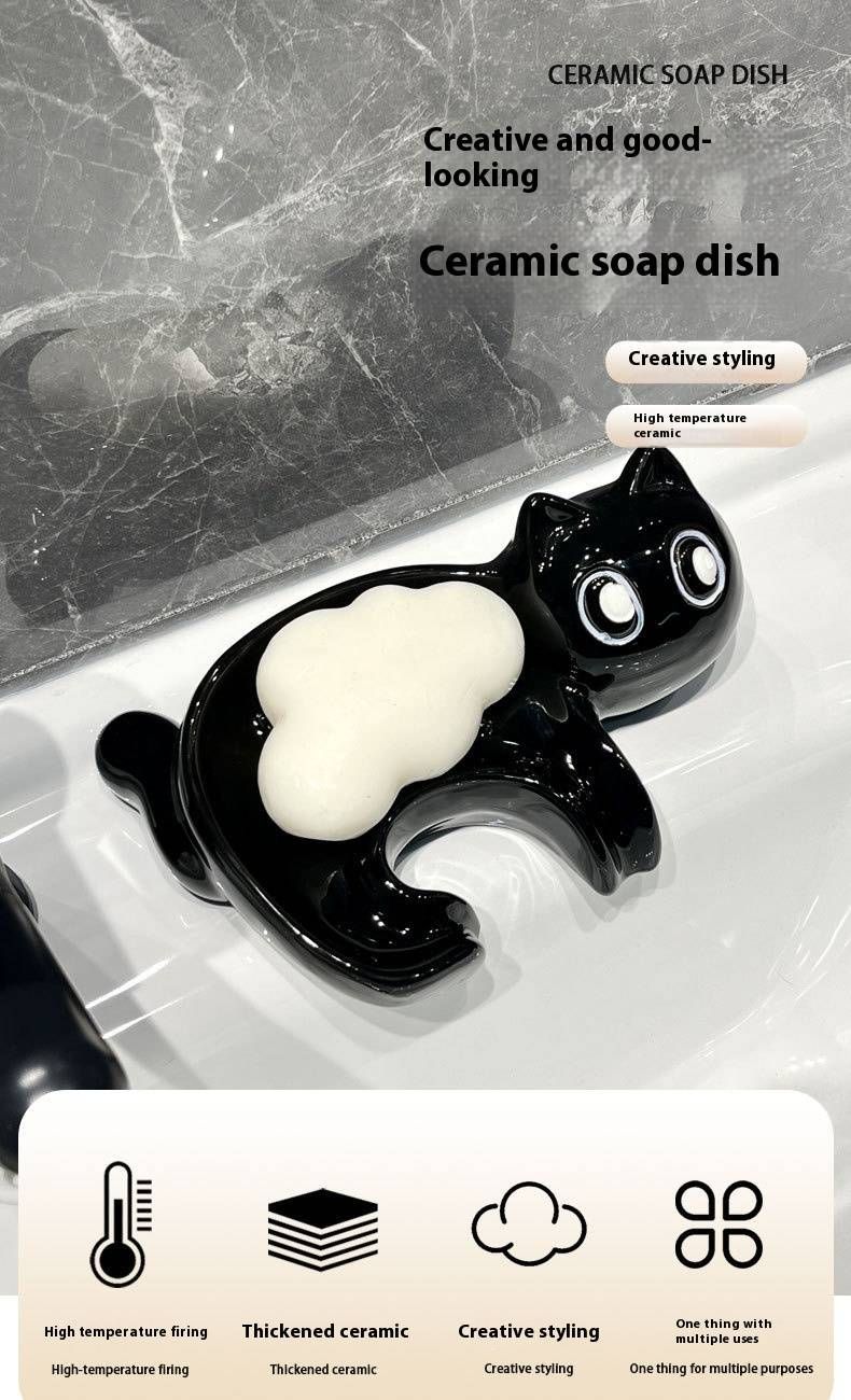 Bezaubernde Seifenschale in Katzenform – Keramik, rutschfest und mit Wasserablauf für das Badezimmer (süßer Cartoon-Seifenhalter, dekorativ und funktional)_voghion.com