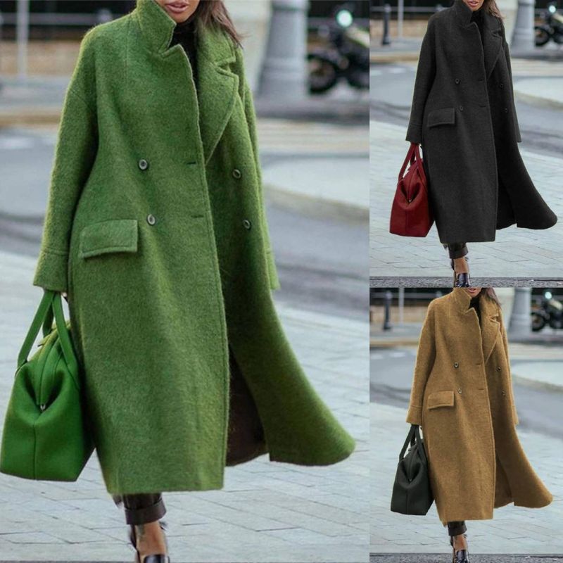 Elegant Long Wool Coat For Women - Oversized Lapel Trench Coat In Solid Green/Black/Camel - Plus Size Winter Coat For Office & Casual Wear_voghion.com