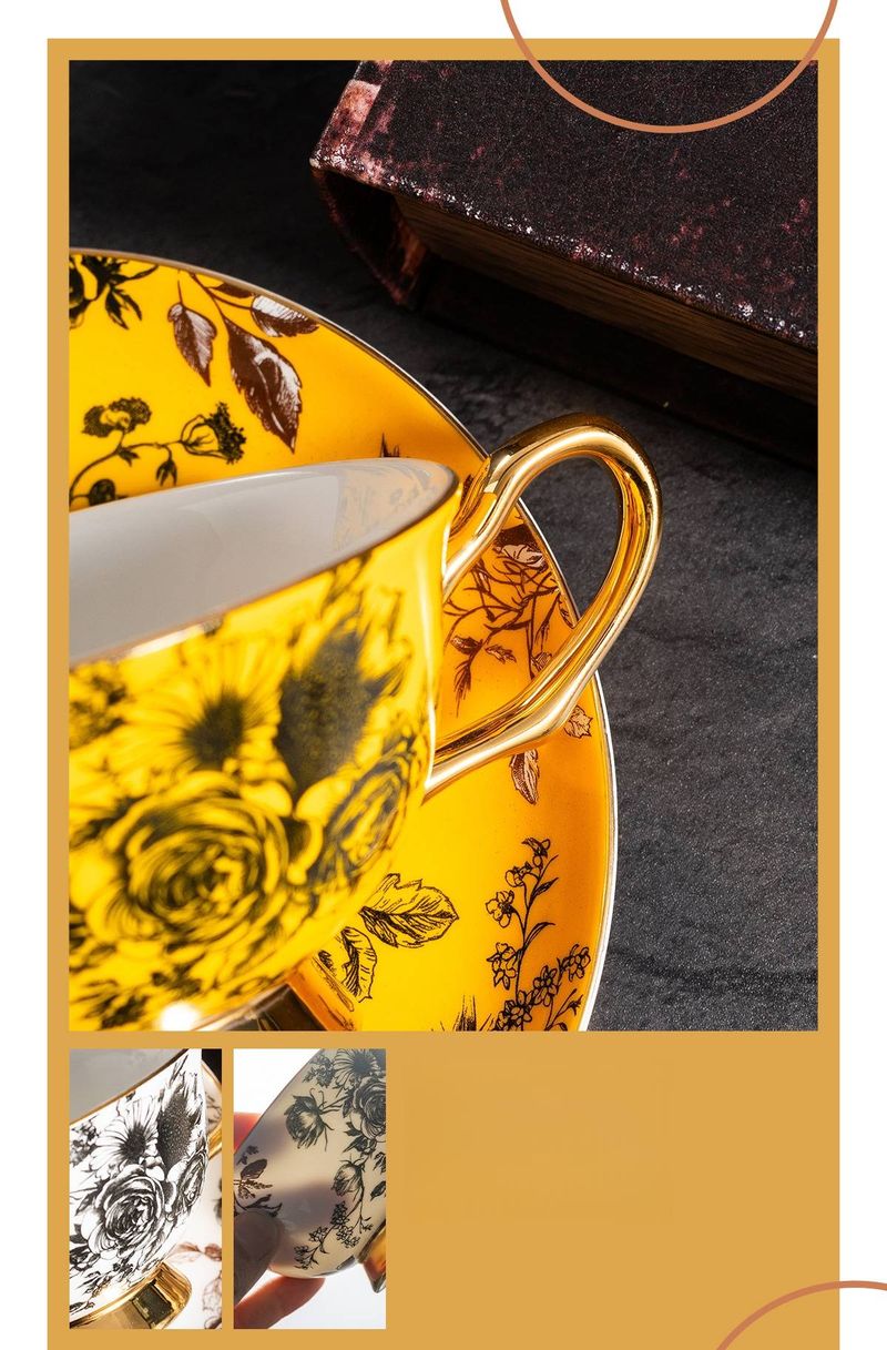 Kaffeetassen-Set aus feinem Bone China mit Goldrand – Elegante Tee- und Espressotassen mit floralem Muster und Löffel – Luxuriöses Nachmittagstee-Set für Zuhause und Café_voghion.com