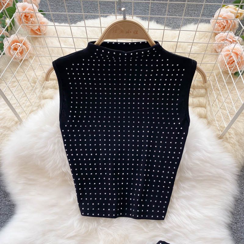 Costume de tempérament féminin, haut court d'été polyvalent, taille haute, jupe mi-longue fendue sexy, ensemble deux pièces robuste avec diamants chauds_voghion.com
