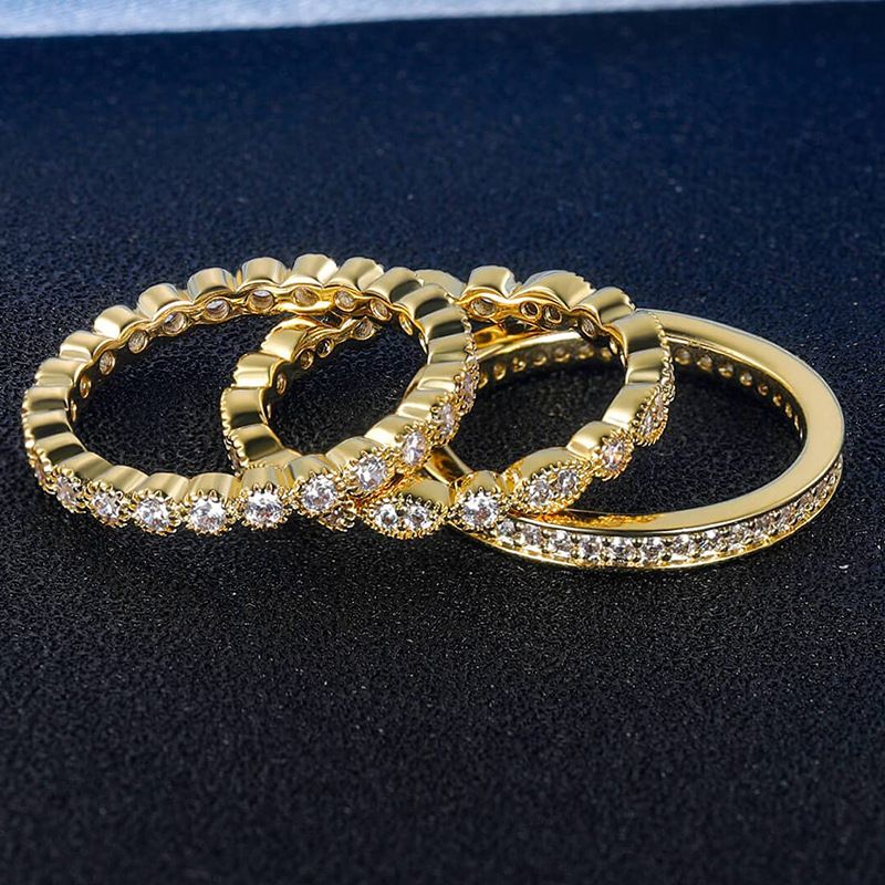 Women's Jewelry Cubic Zirconia Stackable Ring Set - Elegant Geometric Design In Gold & White Gold Single Row Full Diamond Zircon Ring Three Piece Set_voghion.com