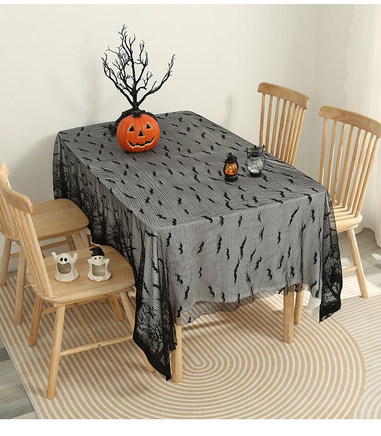 Schwarze Halloween-Spitzentischdecke – Gothic-Spinnennetz-Netzstoff (120 x 180 cm) | Spukhaus-Dekoration, Hexenparty, Horror-Themen-Dekoration_voghion.com