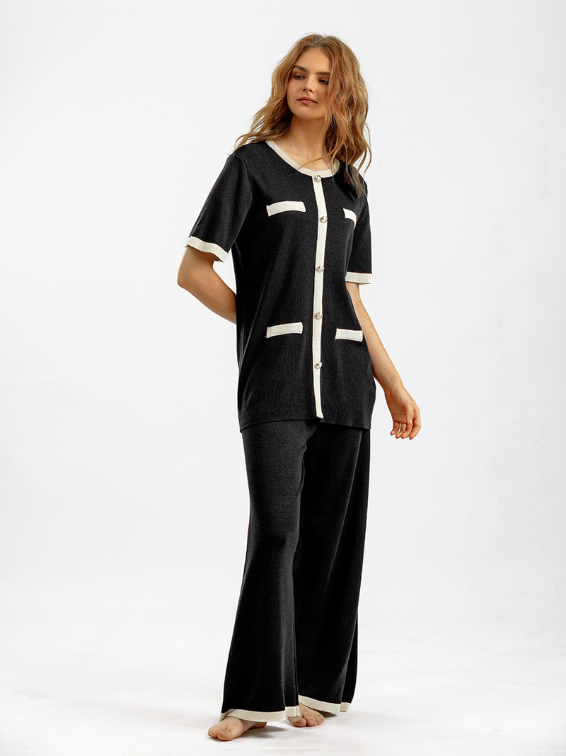 Roupas femininas terno feminino gola redonda botão contraste cor manga curta top cintura alta all-match calças de malha de perna larga conjunto de duas peças_voghion.com
