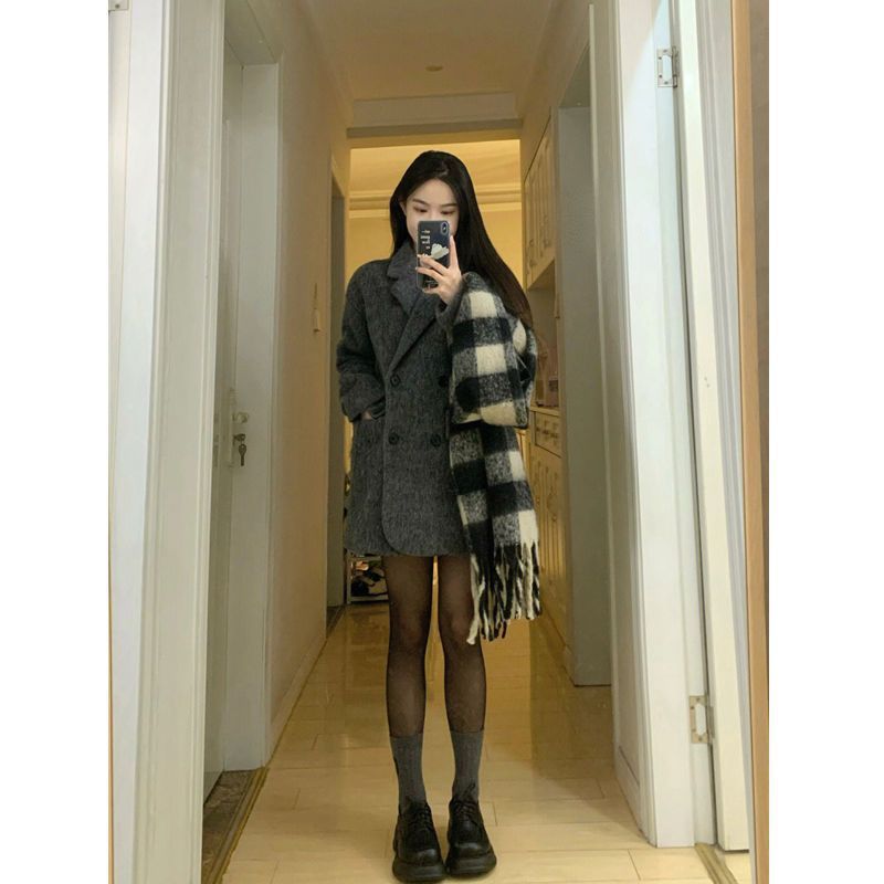 Casaco feminino de tweed com mistura de lã – Blazer oversized de abotoamento simples com lapela entalhada clássica (cinza, comprimento adequado para tamanhos pequenos)_voghion.com