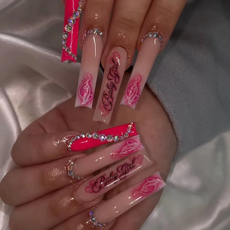Ensemble d'ongles artificiels avec colle, 24 pièces, faux ongles longs de Ballet avec strass, presse française portable sur Nails Co_voghion.com