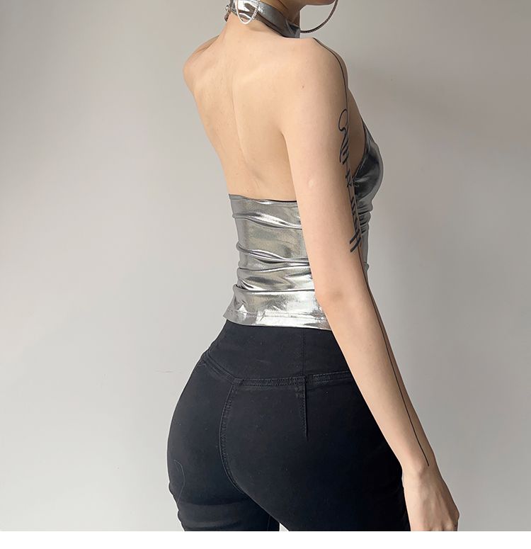 Top attillato in stile metallo con scollo all'americana, design lucido in PU, stile Quirky Hot Girl_voghion.com