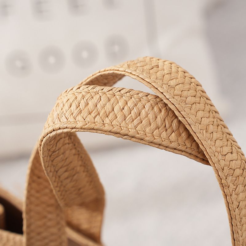 Borsa da donna in paglia media con fibbia magnetica in corda di cotone tinta unita per le vacanze in spiaggia_voghion.com