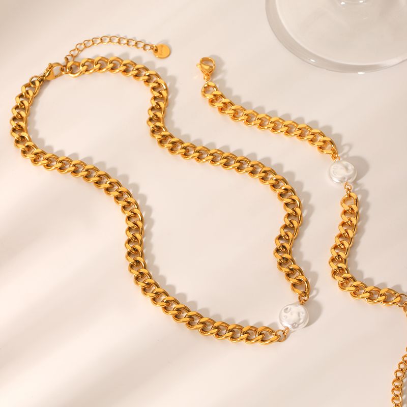 Ensemble collier et bracelet à chaîne cubaine pour femme, en acier inoxydable, pendentif en perles irrégulières, plaqué or, accessoires de bijoux_voghion.com