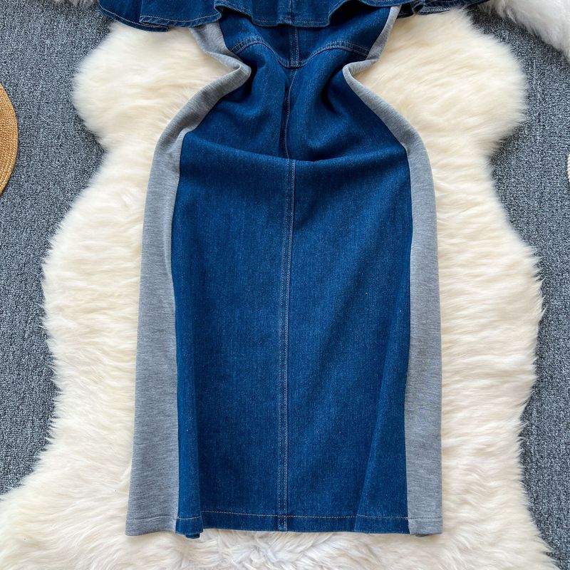 Nischen-High-End-Zweiteiler-Spleißen-Jeanskleid für Frauen Koreanische Version des Retro-Temperaments mit gerüschter Taille_voghion.com