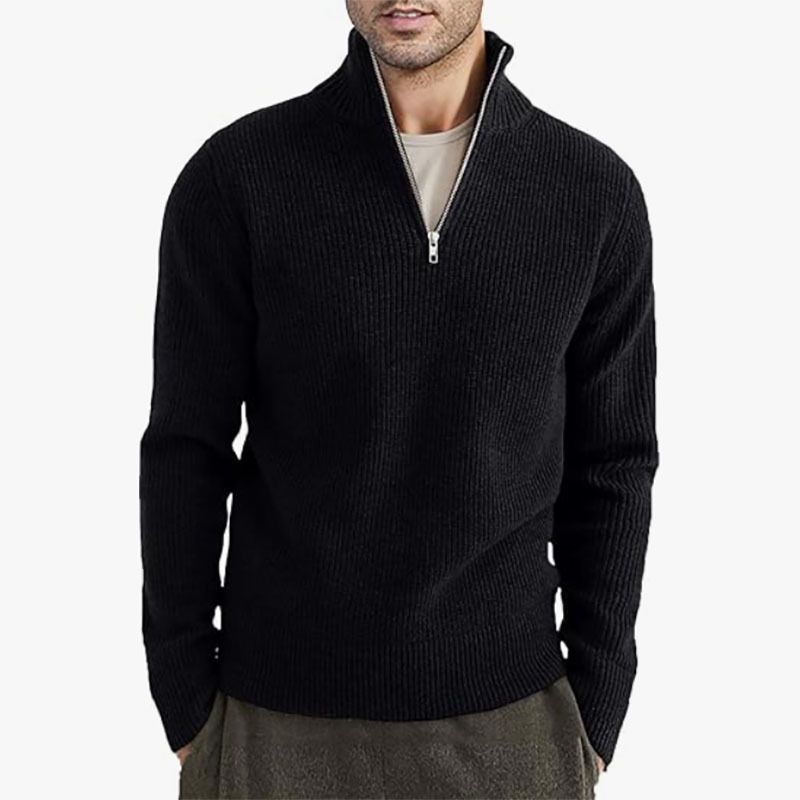 Suéter masculino de malha de inverno com gola de meio zíper - Pulôver grosso e quente, corte slim, lavável à máquina (cáqui/branco/cinza/preto/marrom)_voghion.com