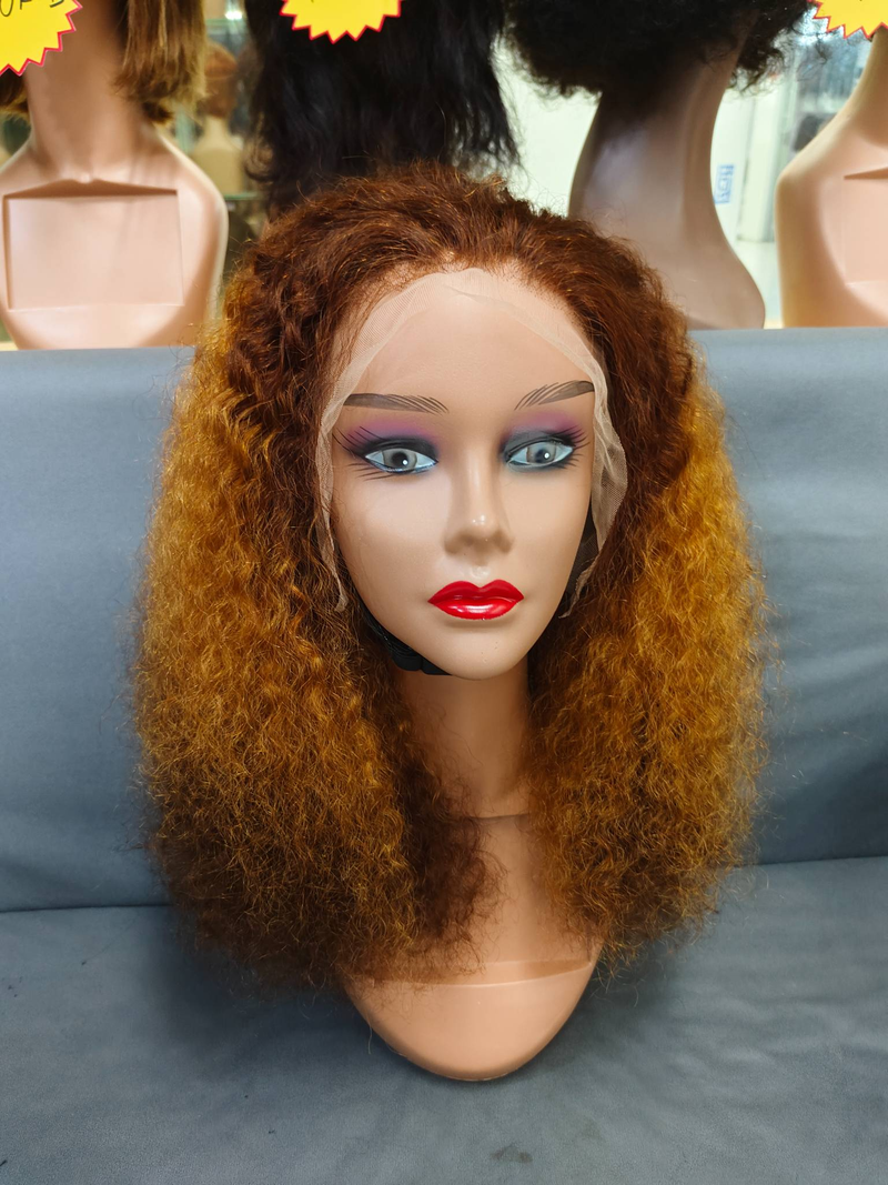 Afro Kinky Krøllete Parykk med Blonde Closure, Brunt, 20 tommer, Krøllete Parykker med Ekte Hår_voghion.com