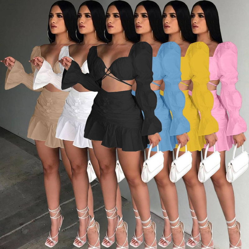 Ensemble 2 pièces sexy pour femme, tenue de festival, haut court à manches bouffantes et mini-jupe à volants, tenue de club, tenue de soirée assortie_voghion.com