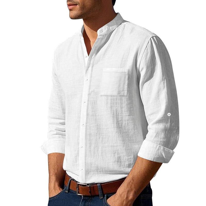 Camicia in lino monopetto a maniche lunghe con colletto alla coreana da uomo, colore puro, moda 2025, S-3XL_voghion.com