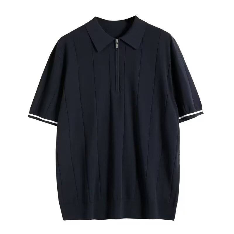 Herrenbekleidung Revers Kurzarm Poloshirt Sommer All Match Strickoberteil mit halbem Reißverschluss_voghion.com