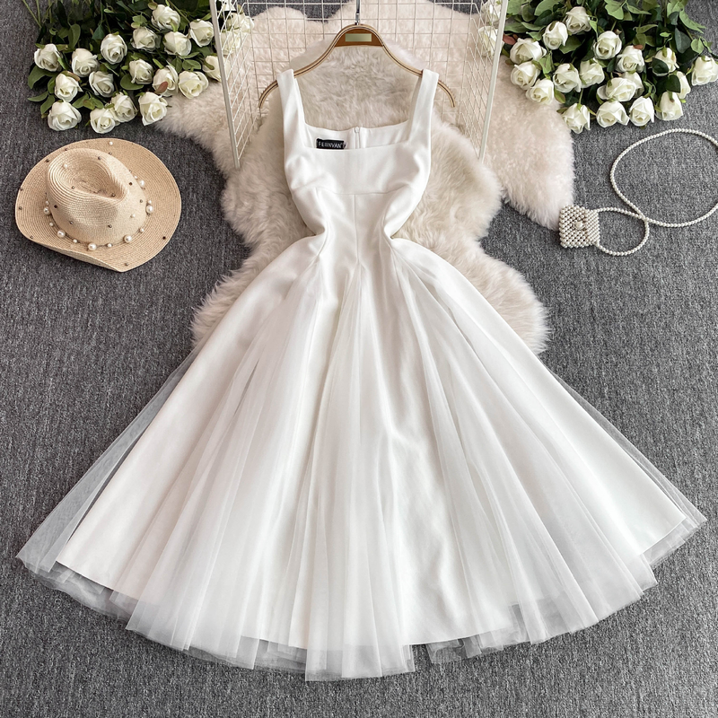 Abito bianco da donna con temperamento francese, colletto quadrato, vita sottile, abito da fata in rete, abito di fascia alta, di media e lunga durata_voghion.com