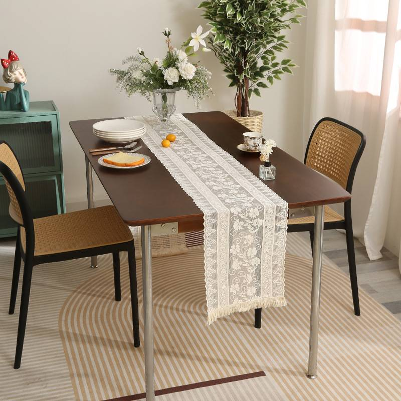 Çift Katmanlı Dantel Masa Örtüsü, Saçaklı 60 İnç, Sehpa, TV Sehpası, Çiçek Nakışlı, Yıkanabilir Hafif Ev Dekorasyonu_voghion.com