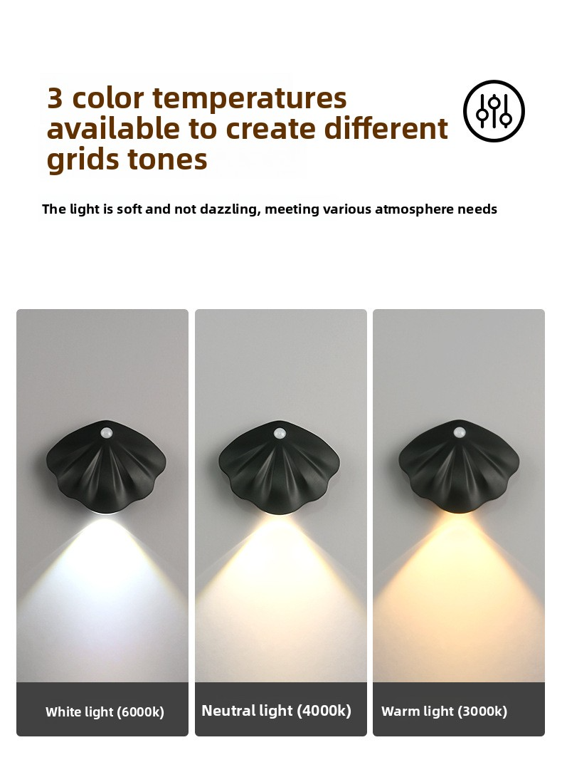 Intelligentes LED-Nachtlicht mit Bewegungssensor und magnetischer Halterung – wiederaufladbar, CE-zertifiziert, ABS-Gehäuse, 3-farbig einstellbar, patentiertes Design: Muschelform_voghion.com