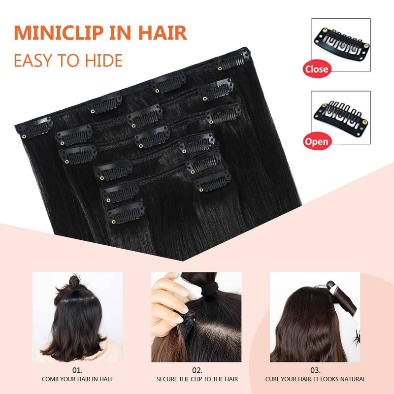 Clip-In-Haarverlängerungen, Echthaar, 16 Zoll, natürliches Schwarz, Clip-In-Doppelschuss, 100 % Echthaar-Extensions, 8 Stück, 90 g_voghion.com