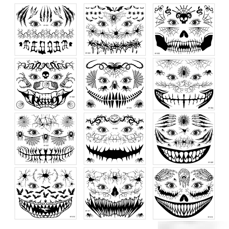 Adesivi per tatuaggi spaventosi di Halloween che si illuminano al buio - Tatuaggi finti impermeabili con ragno e cicatrice 3D per feste in maschera (set da 12 pezzi)_voghion.com