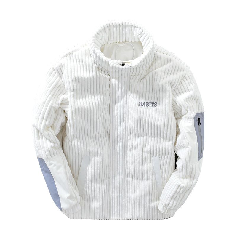 Men's Corduroy Stand Collar Down Jacket - 90 Fill Power White Duck Feather, Loose Fit Streetwear For Winter Style_voghion.com