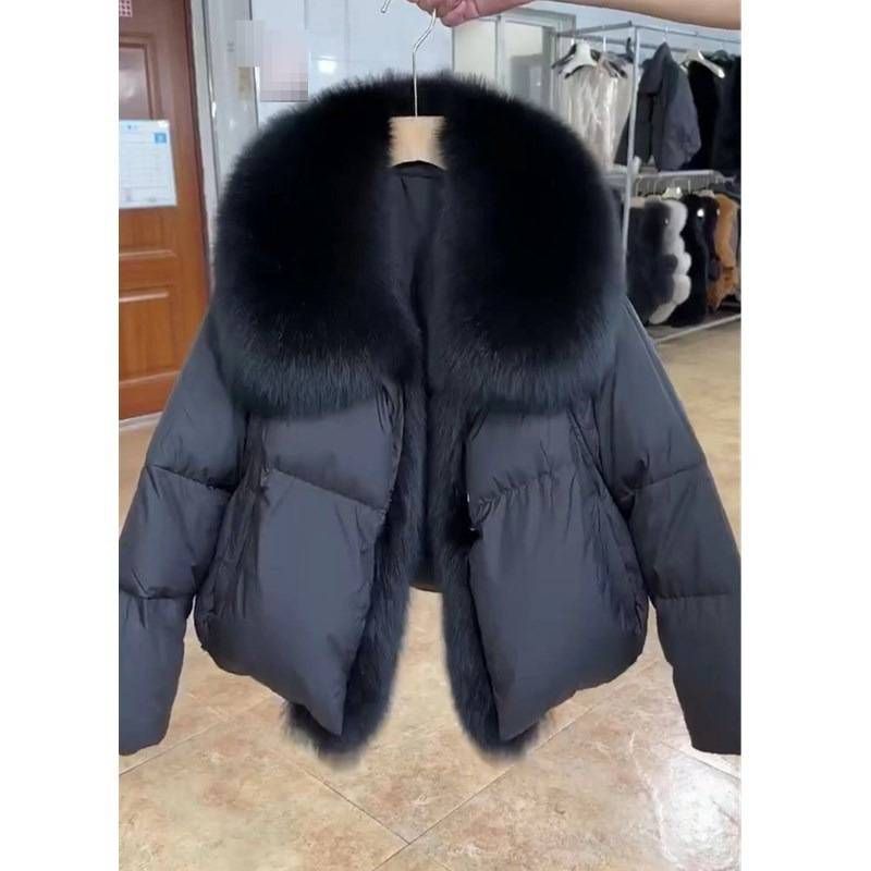 Women's Winter Fashion Coat With Detachable Faux Fur Collar – Stylish Loose Fit Thick Warm Jacket (Black/White)_voghion.com