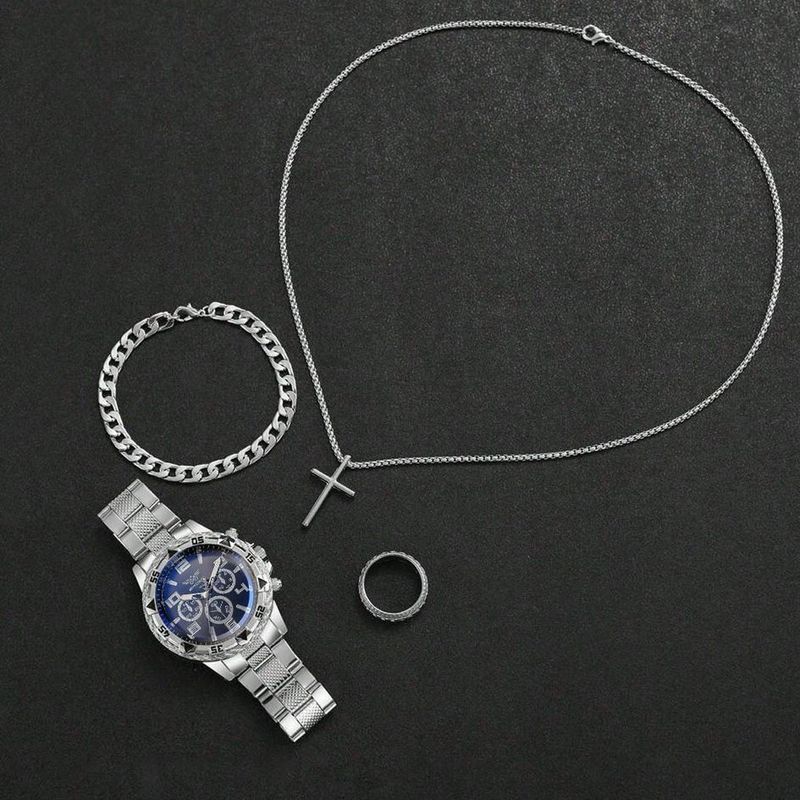 Men's Casual Stainless Steel Quartz Watch Set, Includes Necklace, Bracelet, And Ring, With Free Stylish Jewelry Set (Box Not Included)_voghion.com
